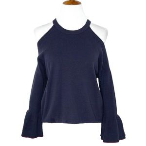 Anthropologie Navy Blue Bell Sleeve Cold Shoulder Knit Sweater Top